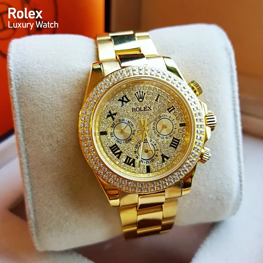 Rolex Premium / Luxury Golden Watch For Men | ROLEX GOLDEN DAIMOND WRIST ANALOG WATCH (CLONE) - Image 4